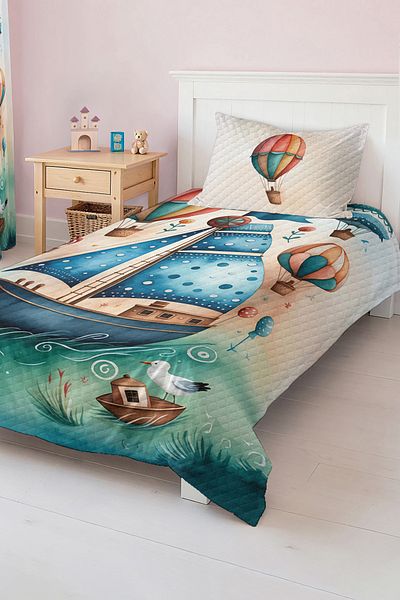 Realhomes Sea Themed Sailing and Balloon Patterned Children's and Teenager's Room Pique Set Bedspread