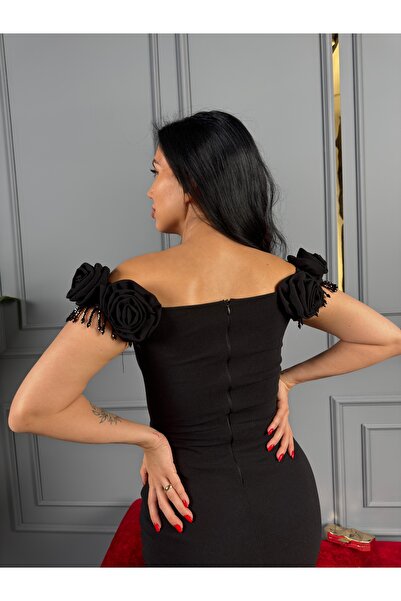 1Moda1Tarz Imported Fabric Madonna Collar Stone Embroidered Rose Detailed Lined Special Design Evening Dress