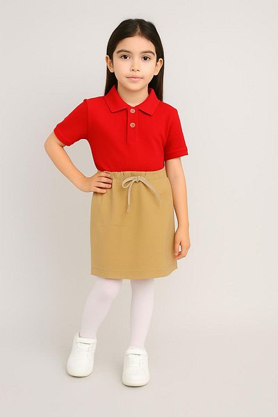 BAGİSTA BUTİK Beige Ribbed Shorts Skirt Red Short Sleeve Polo Neck