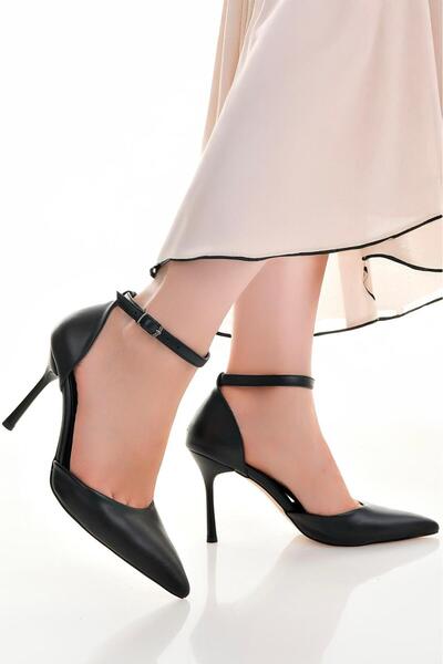 VAVİ STORE Black Skin Leather Sole Stiletto Pointed Toe Heels Women's Shoes