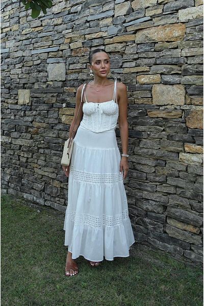 Havoş White Bustier Skirt Brode Suit