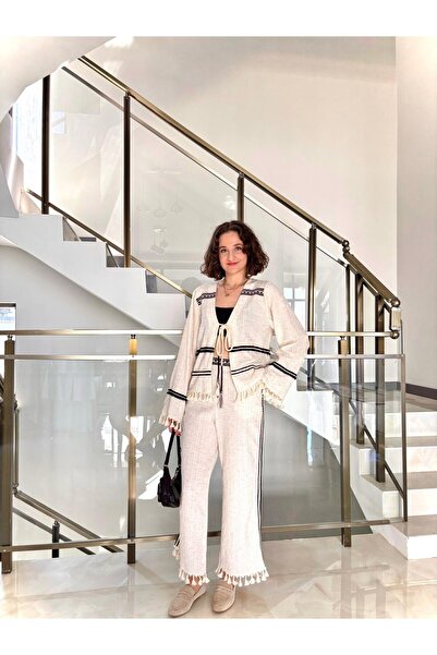 Sude Kızanlıklı Tassel Detailed Kimono Natural Set