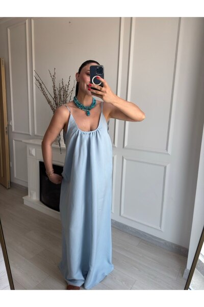 KADIN ASKILI MAXİ BOY MAVİ ELBİSE