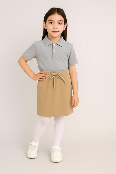 BAGİSTA BUTİK Beige Ribbed Shorts Skirt Gray Short Sleeve Polo Neck