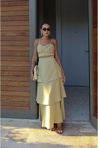 Havoş Oil Green Floral Detailed Crop Skirt Linen Suit