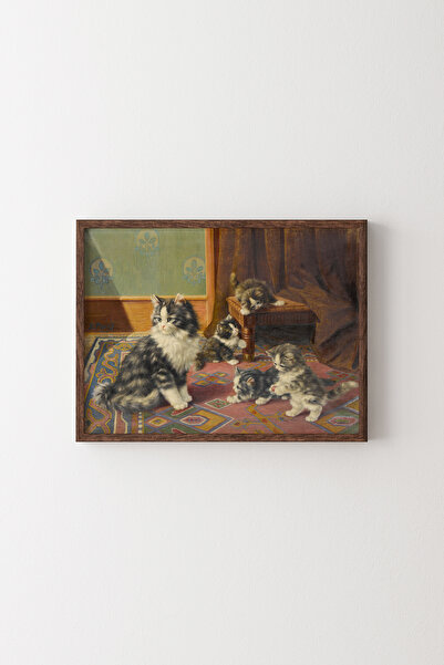 epiqart Kedi Ailesi - Ahşap Desenli Çerçeve