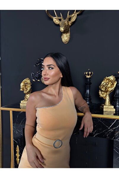 1Moda1Tarz Imported Scuba Crepe Fabric Pearl Stone Embroidered Belt Detail Slit Lined Special Design Evening Dress