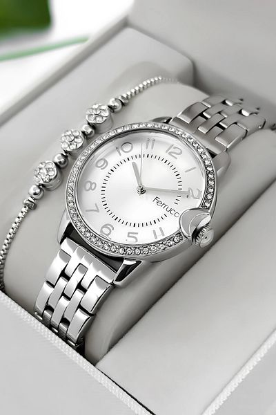 Ferrucci Stone Detailed Case, Steel Cord Steel Case Women's Wrist Watch, Silver Zmfer200