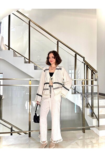 Sude Kızanlıklı Tassel Detailed Kimono Natural Set