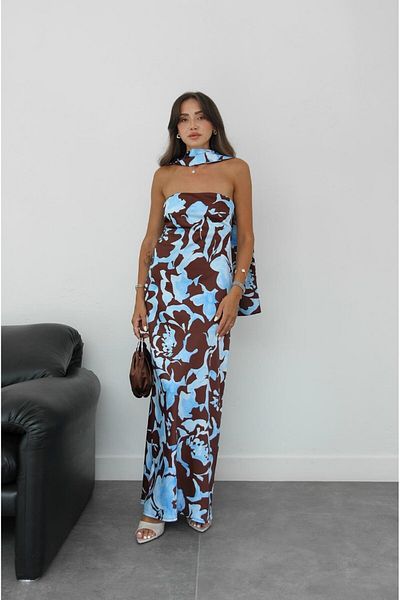 Havoş Rochie fără bretele cu eșarfă cu model maro albastru