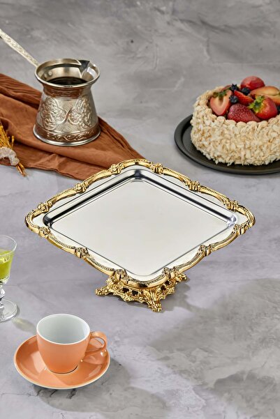 Genel Markalar Kare Serisi Ayaklı Söz Nişan Sunum Tepsisi, Gümüş Tepsi Gold Aksesuar