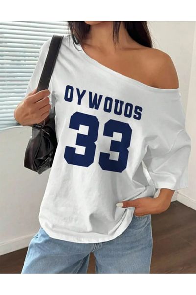 AEMİ Women's Boat Neck Oywouos Printed Oversize 100% Cotton T-Shirt