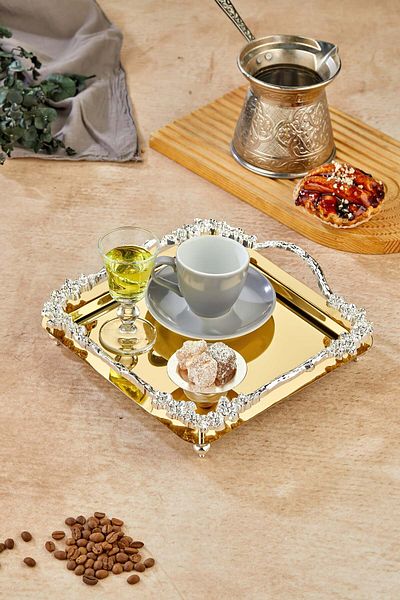 Turkco Flower Series Metal Presentation Promise Engagement Tray, Gold Tray Silver Accessory
