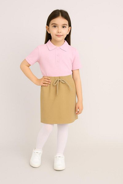 BAGİSTA BUTİK Beige Ribbed Shorts Skirt Pink Short Sleeve Polo Collar