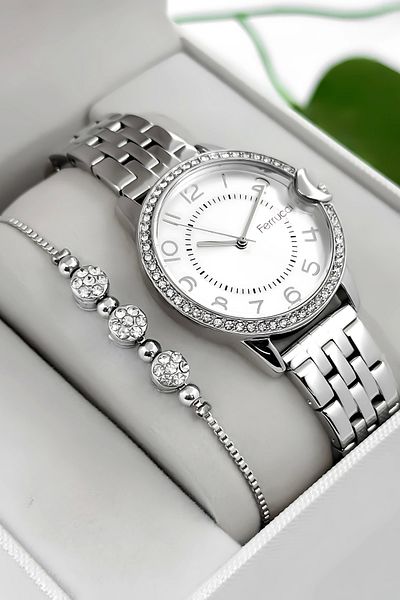 Ferrucci Steel Cord & Case Women Wrist Watch, Stone Detailed Case Silver Sdfer182