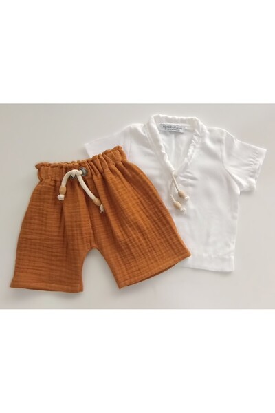 moms and babies Children's Muslin Shorts T-Shirt Shorts Set Green - Orange - Cinnamon Colors 0-6 Years