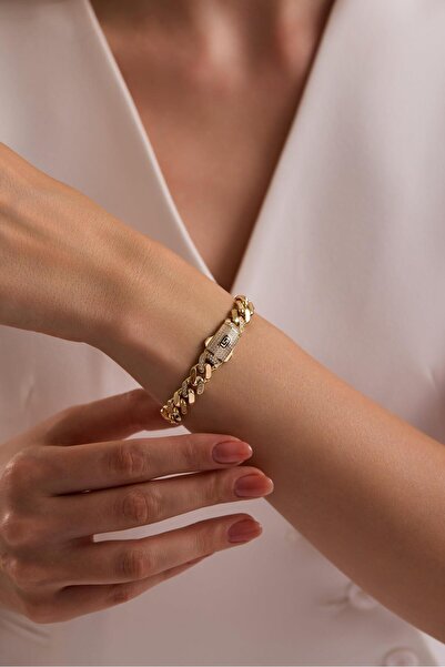 Tufanlar Kuyumculuk 14 Ayar 9 Mm Taşlı Gurmet Zincir Bileklik (Taşlı Kilit)