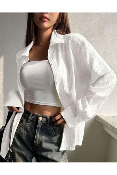 AEMİ Cămașă oversize pentru femei din țesătură Wrap, albă