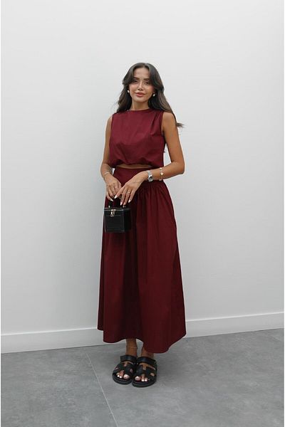 Havoş Burgundy Elastic Bottom Crop Skirt Set
