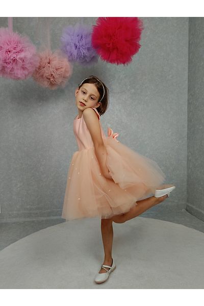 NSMLİFE Girl's Evening Dress Island, Salmon Skirt with Pearls, Tutu Dress