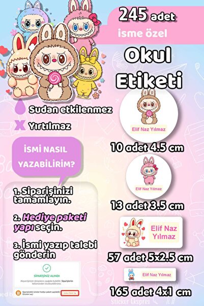 Sticker Ekspres Okul Etiketi   Kızlar İçin Kalem Defter Etiketi Özel İsim Yaz...
