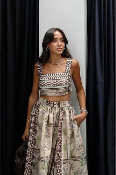 Havoş Beige Safari Patterned Crop Blouse Skirt Set