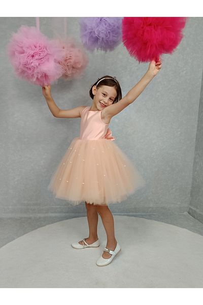 NSMLİFE Girl's Evening Dress Island, Salmon Skirt with Pearls, Tutu Dress