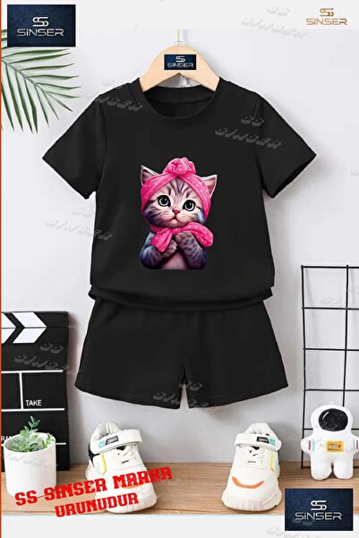 SS SİNSER تي شيرت للأطفال للجنسين "CAT HALF PINK RIBBON" مطبوع حسب الطلب برقب...