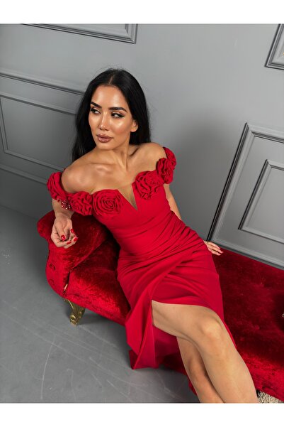 1Moda1Tarz Imported Fabric Madonna Collar Stone Embroidered Rose Detailed Lined Special Design Evening Dress