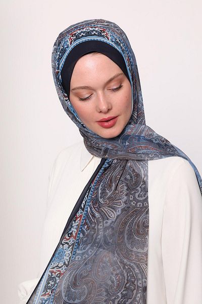 LuvenSara Silk Chiffon Shawl Navy Blue