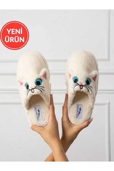STOCON Papuci de casă unisex de iarnă brodați cu figură de pisică drăguță, fără sunet, talpă anti-alunecare STC1123