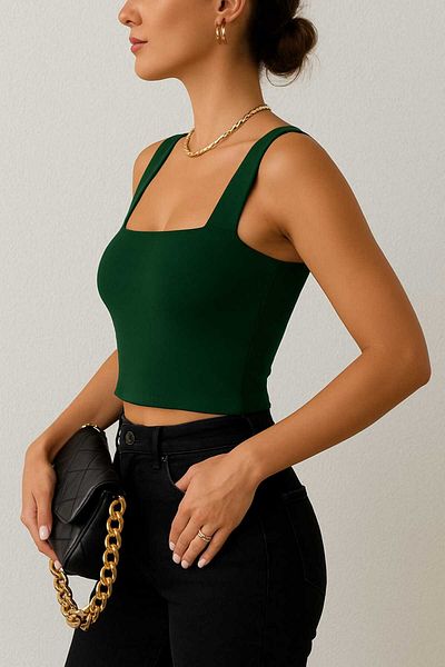 Olyssia Women's Dark Green Square Neck Strap Fit Crop Top – Stylish and Comfortable Casual Blouse