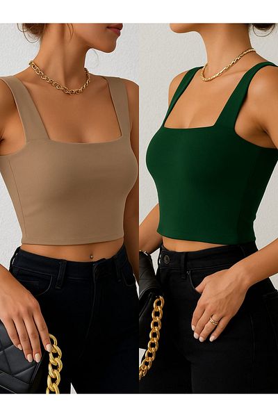 Olyssia Γυναικείο 2-pack Mink & Dark Green Square Collar Strap Fit Crop Top – Κομψή και άνετη καθημερινή μπλούζα