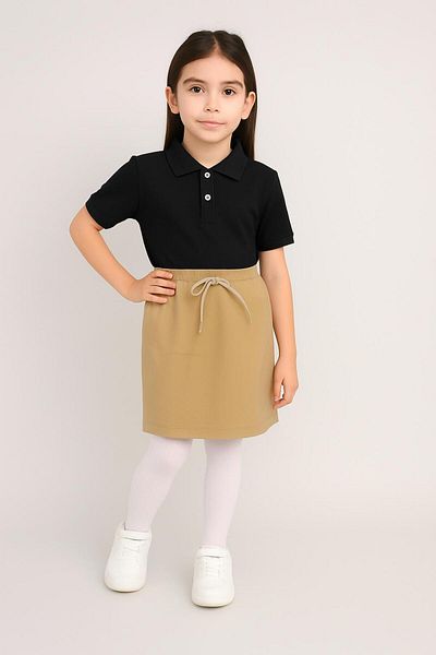 BAGİSTA BUTİK Beige Ribbed Shorts Skirt Black Short Sleeve Polo Collar