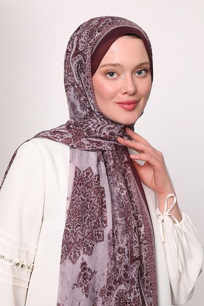 LuvenSara Silk Chiffon Shawl Burgundy Ecru