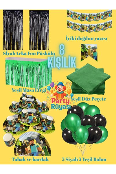 partyrüyası Minecraft Doğum Günü Parti Malzemeleri Süsleri Seti 8 Kişilik Par...