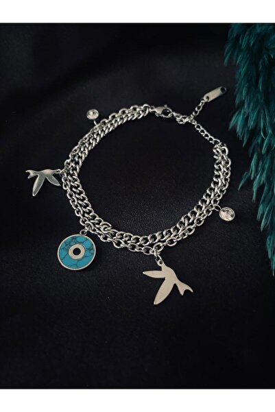 KANERUZ سوار من الفولاذ المقاوم للصدأ متعدد السلاسل مع شكل طائر من حجر الزركو...