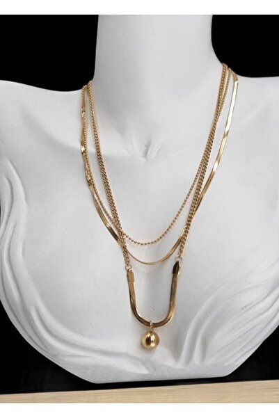 KANERUZ Gold Renk 3 Çeşit Çoklu Zincir Özel Tasarım Kararmaz Çelik Kolye