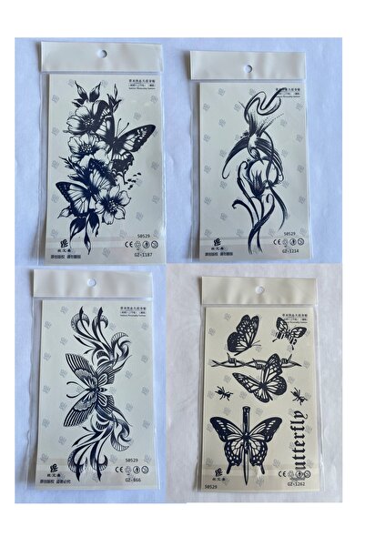 Airbrush Tattoo Kelebekler 4 adet Birden 3 hafta Kalıcı Geçici yapıştırma Döv...