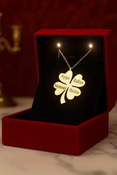 KAR DİAMOND Gümüş Altın Kaplama Yonca Aile Kolyesi -Kişiye Özel 4 isimli Kolye Sertifikalı Işıklı Kutuda