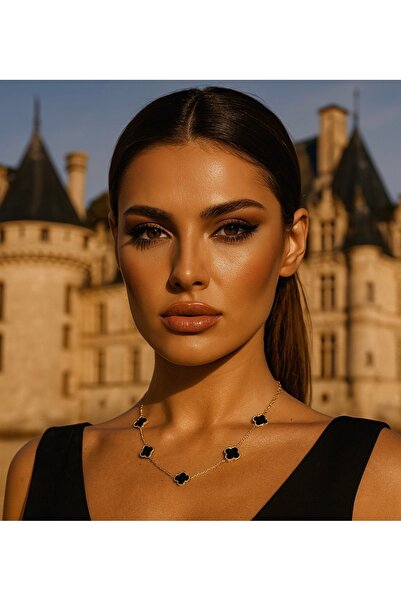 Manu Collection Kadın gold detaylı siyah yonca kolye Çelik kararmaz özel kutusunda