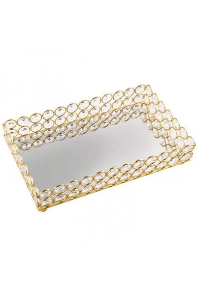 OEM Tavă decorativă dreptunghiulară cu oglindă și cristale din plastic, 29 x 22,5 cm