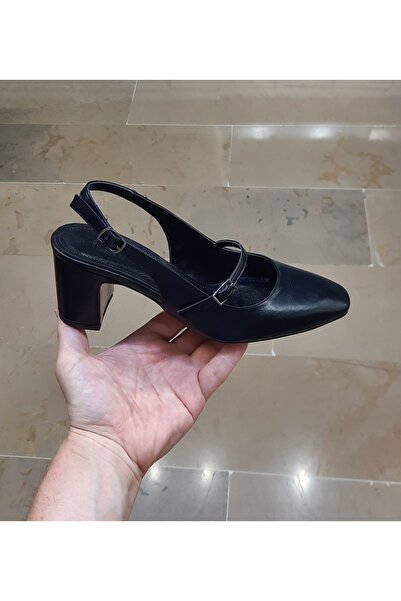 MİSS PARK MODA Women's Blunt Toe Thick Heel Wide Mold Black-Navy Blue Open Ba...