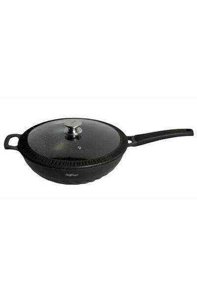 cheffinger Wok Pan with Lid, Marble Interior, 32 cm,