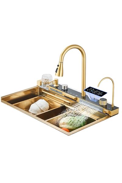 EMATTERIO Chiuvetă Bucătărie Aurie 750×460 mm, Robinet Digital, 2 Cascade, Spălare Pahare Incluse