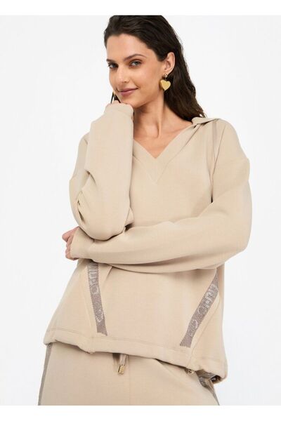 Liu Jo Kadın Normal Kalıp Kapüşonlu V Yaka Logo Şeritli Uzun Kollu Bej Sweatshirt TF5091J4616-60906