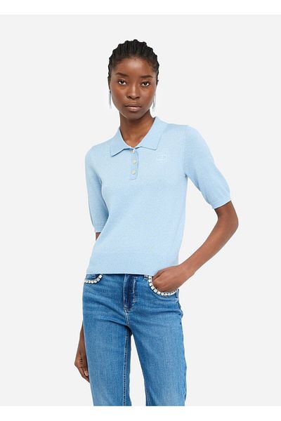 Liu Jo Women's Regular Fit Polo Neck Short Sleeve Knitted Blue Polo Neck T-Shirt Uf5278Ma76Q-A4075