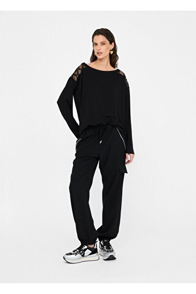 Liu Jo Γυναικεία άνετη εφαρμογή ώμου με μοτίβο από τούλι ελαστικό ύφασμα μακρυμάνικη μαύρη μπλούζα TF5186JS360-A3370