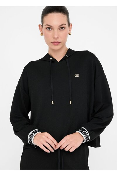 Liu Jo Kadın Düşük Omuzlu Normal Kalıp Beli İp Bağlamalı Kapüşonlu Uzun Kollu Siyah Sweatshirt TF5285J4747-