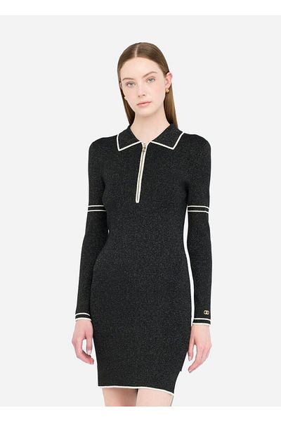 Liu Jo Women's Slim Fit Half Zip Polo Neck Long Sleeve Knitted Black Dress Tf5028Ms49I-A4345